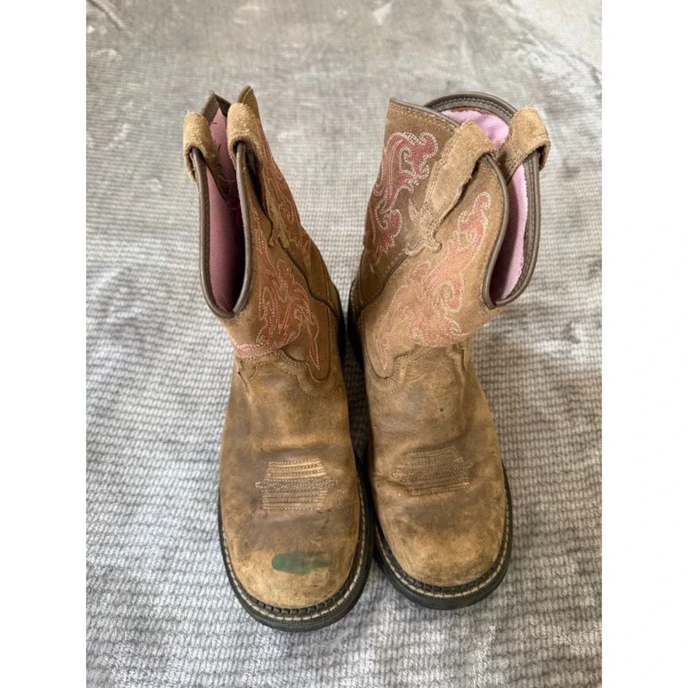 Ariat Girls Fatbaby Brown Leather Pink Embroidery Western Cowboy Boots Round Toe